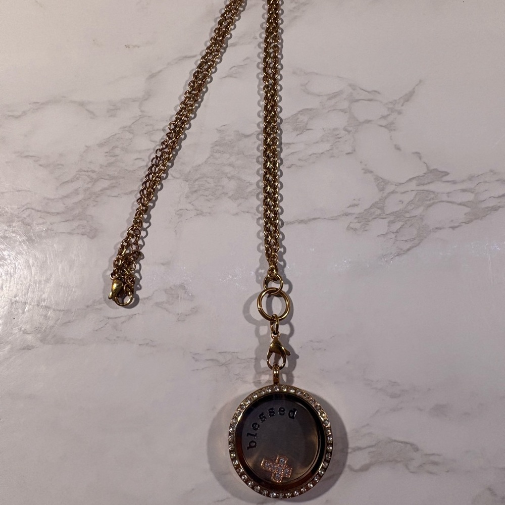Gold Pendant Necklace with 'Blessed' Inscription